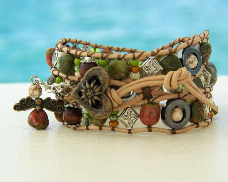 Edelweiss... Leather wrap bracelet... typical Bavarian triple wrap bracelet. Original OceanBead style.