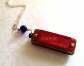 Miniature Red Working Harmonica Necklace. Vintage Style. Blue Bead. Long Necklace. Music. Musical. Instrument. Silver Chain. Swan Harmonica.