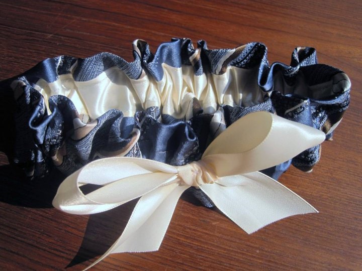 Upcycled Steampunk Clothing, Wedding Garter, Something Blue, Blue Striped and Cream Satin (with Mini Blue Bow) Repurposed Men's necktie
