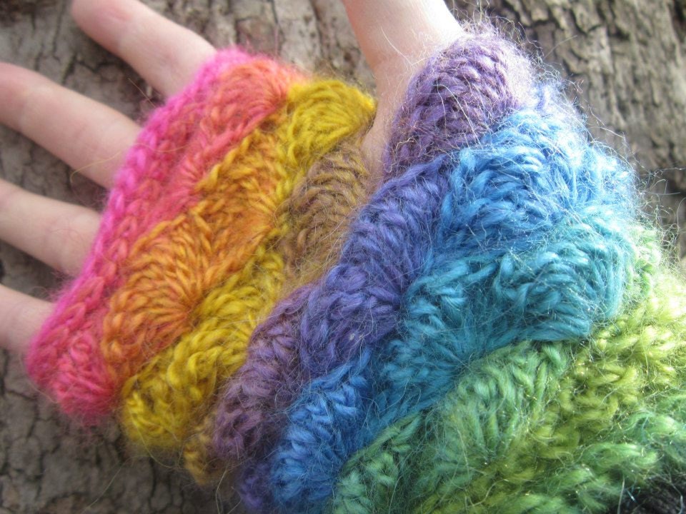Multicolor Fingerless Mittens Wrist Warmers Emerald Green Pink Blue Purple Orange Yellow Crochet Spring Winter Accessories by dodofit