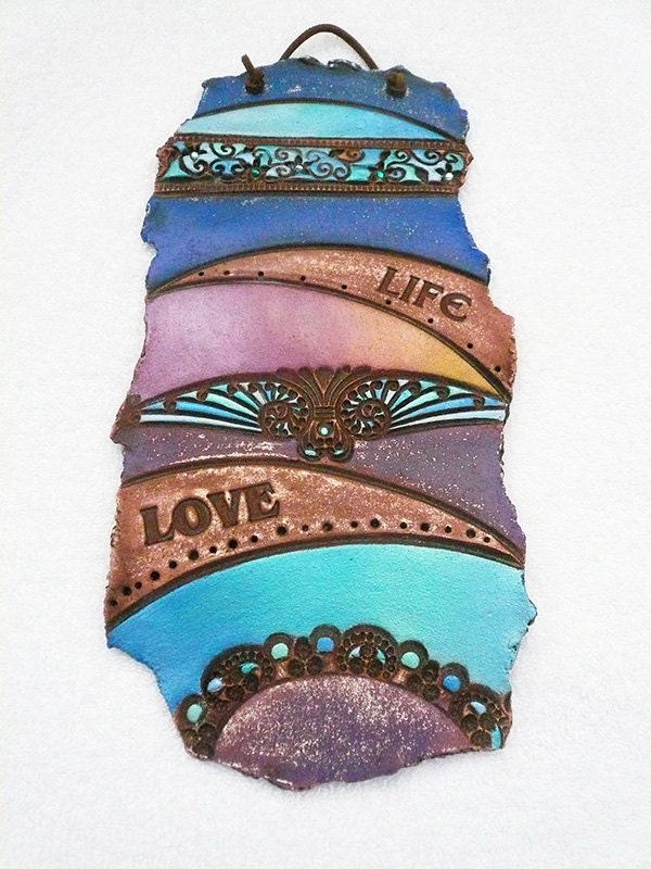 Original Handmade Ceramic Plaque, Wall Hanging Art, Blue, Turquoise, Purple, Gold, Brown, Life, Love.