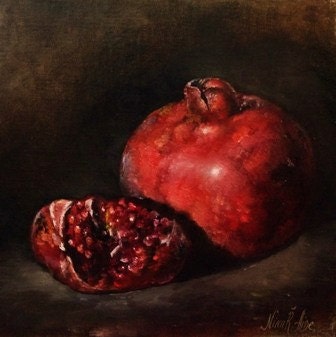 Pomegranate Original Oil painting by Nina R.Aide Still Life Fine Art Studio 8x8 on linen