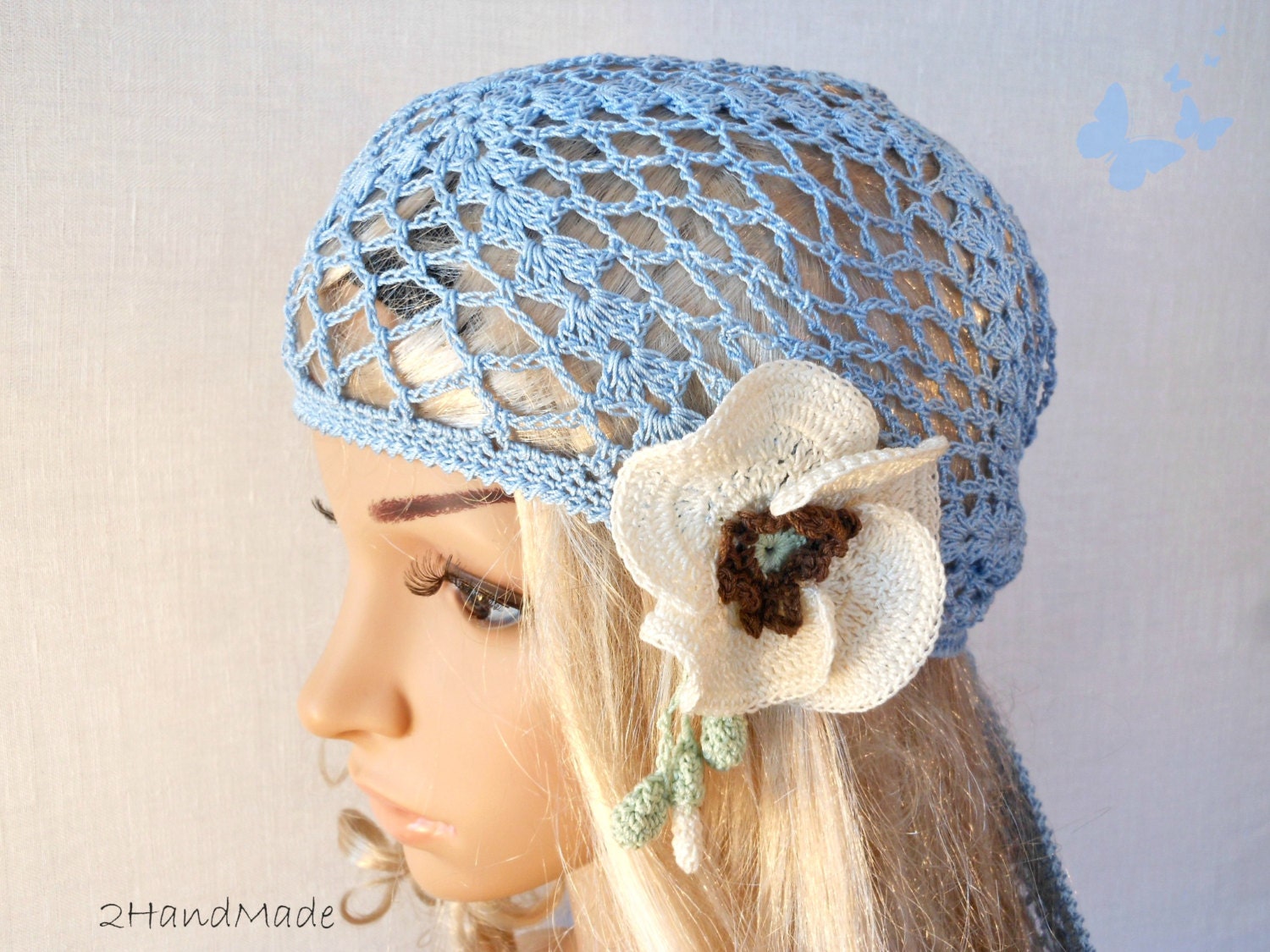 Woman Lace Crochet Vintage Style Blue Headband Dreadlock Hair Snood Wrap Ponytail Kerchief Bandana Gypsy Pirate Tam Dreads Hat Summer