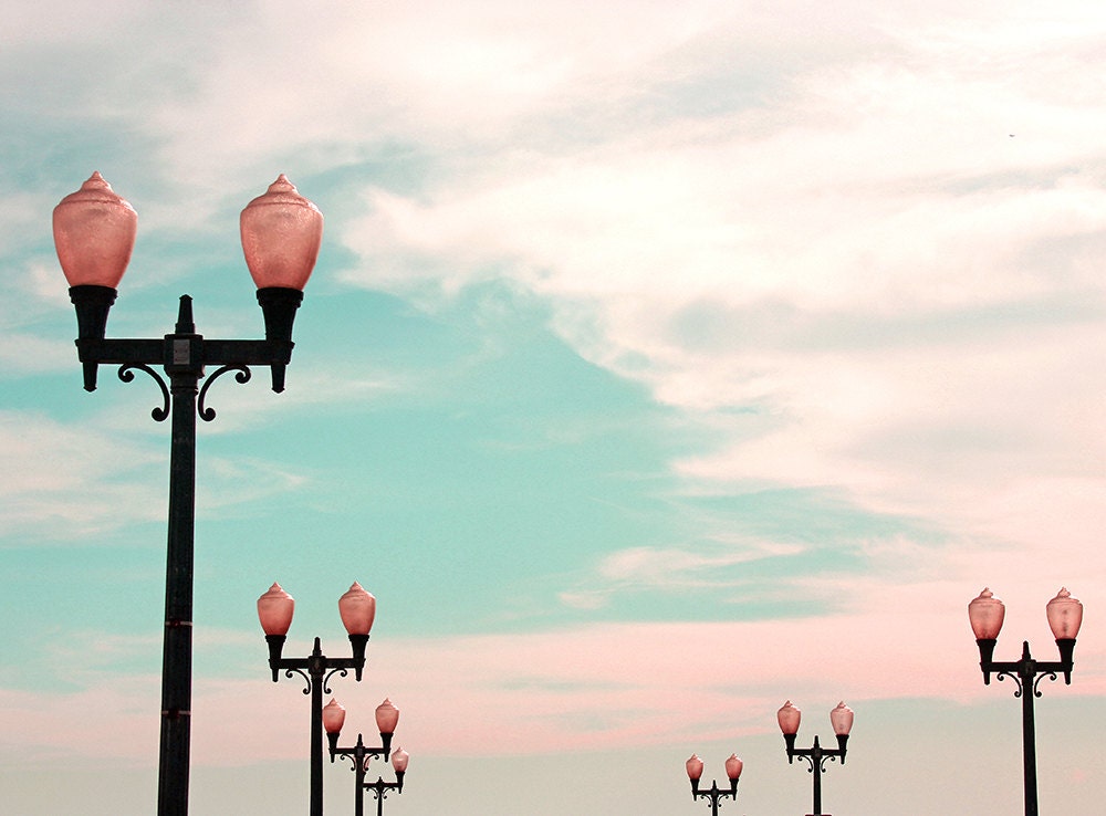 Landscape photograph, summer, dreamy, beach, wall decor, teal, clouds - Pier Lights 8x12 Fine Art Photograph