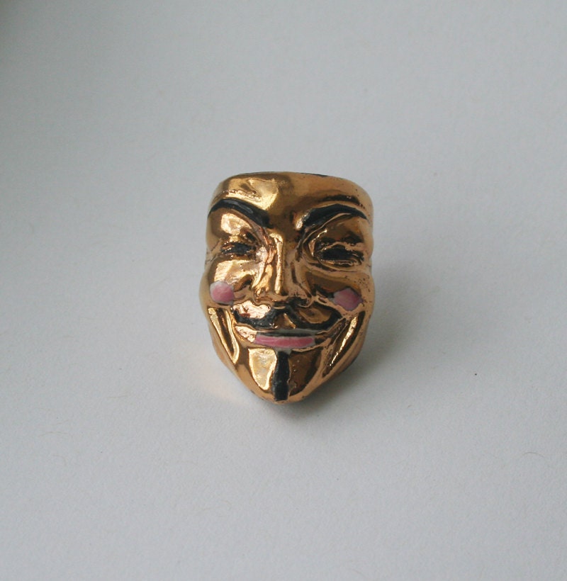 Guy Fawkes Gold Mask Tie Tack, V for Vendetta in Gold Luster Glazed Porcelain, Mardi Gras