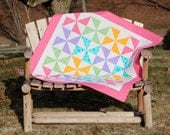 Quilt Throw Spring Colors Pinwheel Pink Aqua Green Purple and White Throw or Baby Quilt