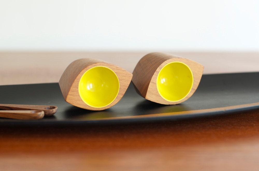 Vintage Teak Egg Cups/Salt and Pepper Shakers w/Spoons - Eames Era Danish Modern