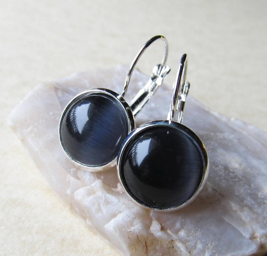 Drop Earrings - Round Black Cat's Eye Glass Cabochon - Silver Plated Brass Bezel, Lever Back Hooks