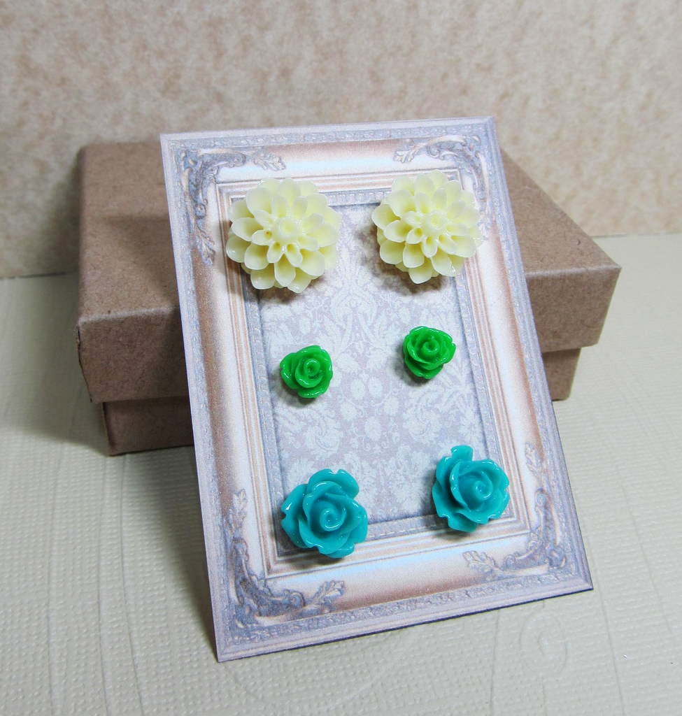 Post Stud Earrings - Resin Flower Gift Set - Butter Cream Dahlia, Turquoise Blue Rose, Spring Green Rose - Sterling Silver Plated Posts