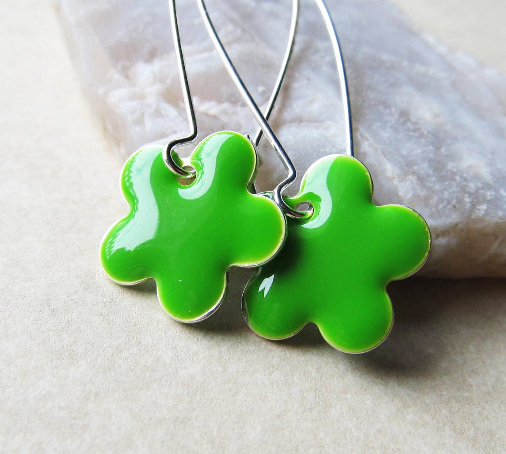 Dangle Drop Earrings - Lime Green Epoxy Enamel Flowers - Sterling Silver Plated over Brass