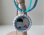 Anime Love Bottle Cap Necklace Organza Ribbon, Blue, White, Couple holding hands