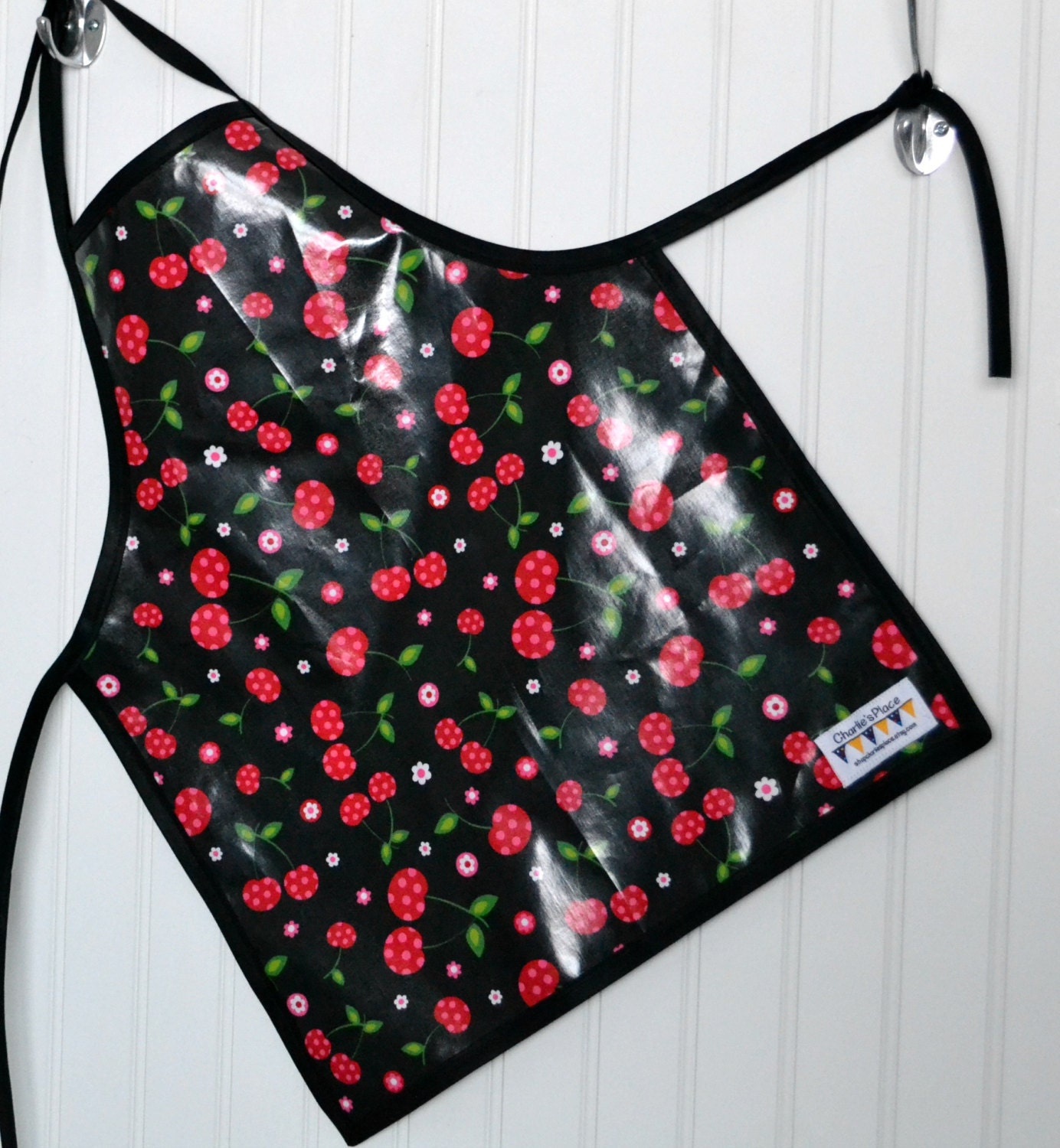Wipeable Child Apron - cherry, blossom, red, polka dot, black