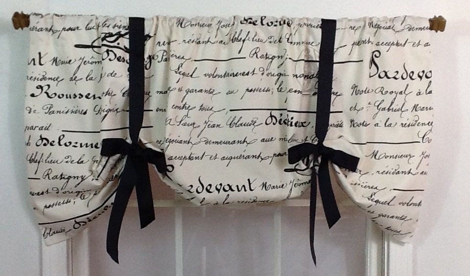 French script tie up valance in black
