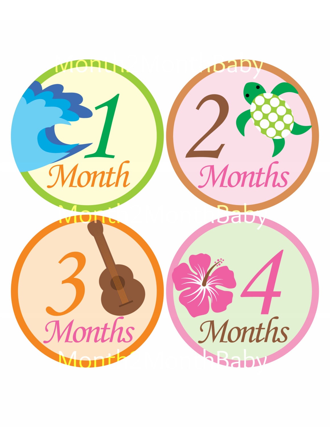 Set of 12 Month 2 Month Milestone Aloha Girl Collection Monthly Iron Ons