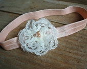 Ivory Lace Flower - Light Peach Elastic Headband - Light Pink Pearls