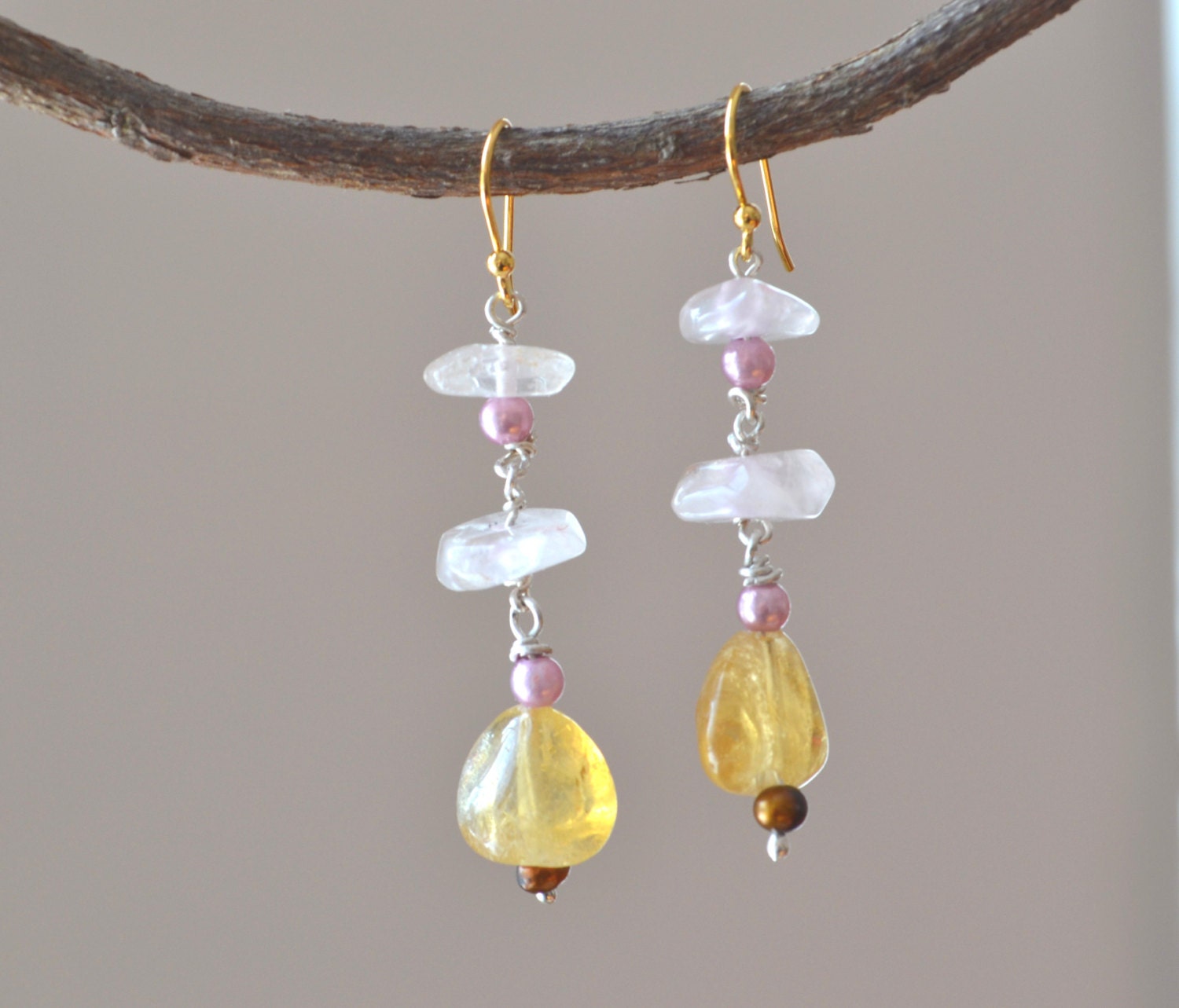 Drop Earring  - Rose Quartz and Honey Agate with Natural Pearls