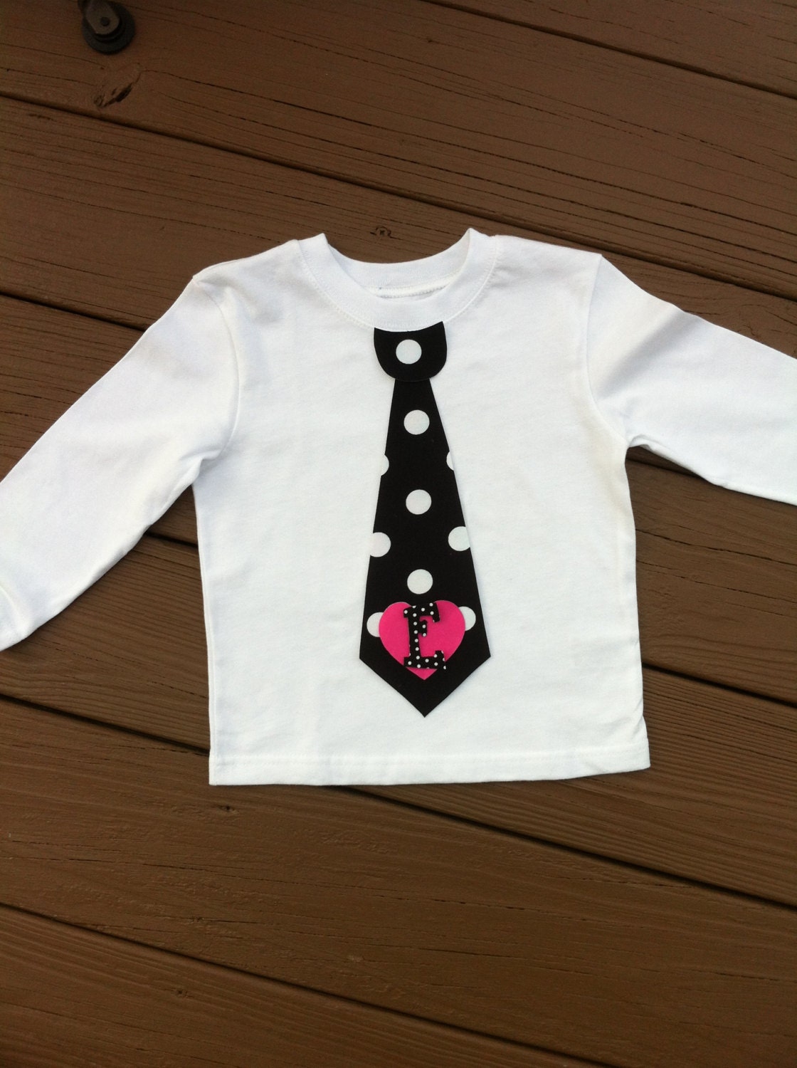 Custom children's clothing. Boys personalized Valentine tie shirt & initial. Black white mod dots. Red or pink heart. By EverythingSorella