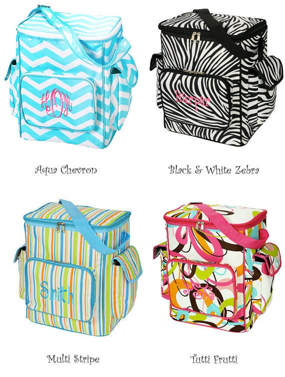 Cooler tote insulated summer bag in chevron zebra and stripe with embroidery monogram