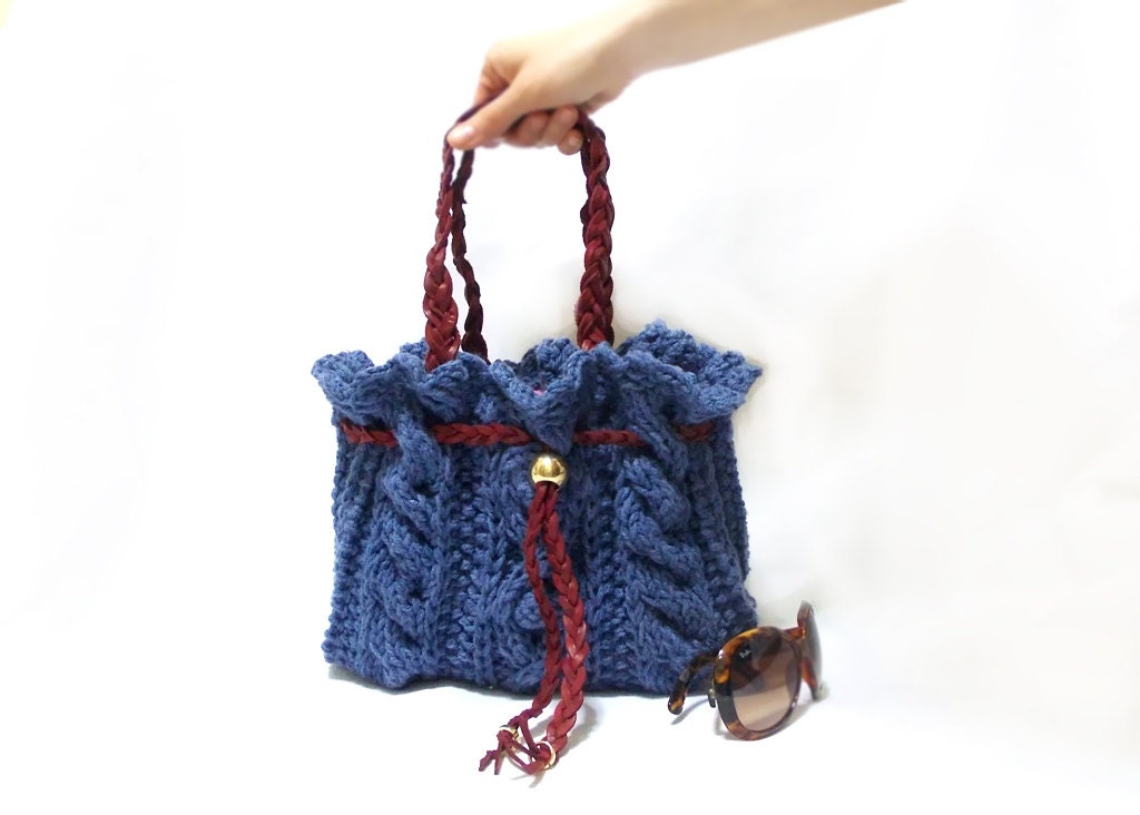 Free Shipping- Knit purse- Handmade knit Bag- Blue knit tote bag- Genuine leather handle- Handmade bag- Useful handbag-Leather Strap