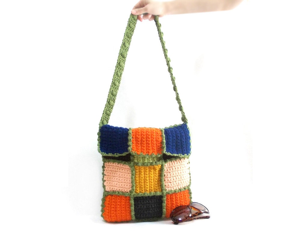 Free Shipping- Messenger bag- Crochet Bag- Green handle- Colorful- Tablet bag- Crochet Square pattern- Crochet square bag