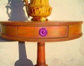 ROUND SIDE TABLE - Vintage Round Pedestal standing on 4 Legs Painted Orange Fuschia Gold