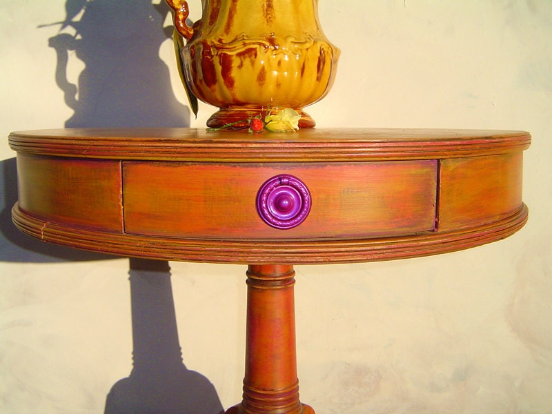 ROUND SIDE TABLE - Vintage Round Pedestal standing on 4 Legs Painted Orange Fuschia Gold