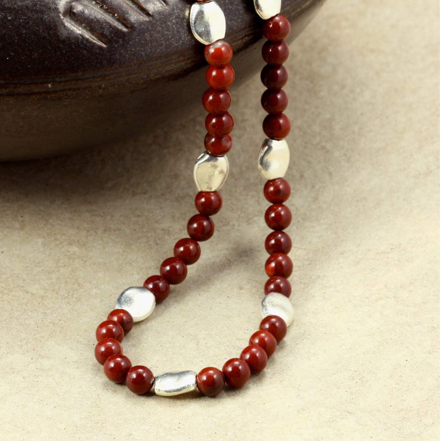 Red Brecciated Jasper and Silver Greek Bead Necklace