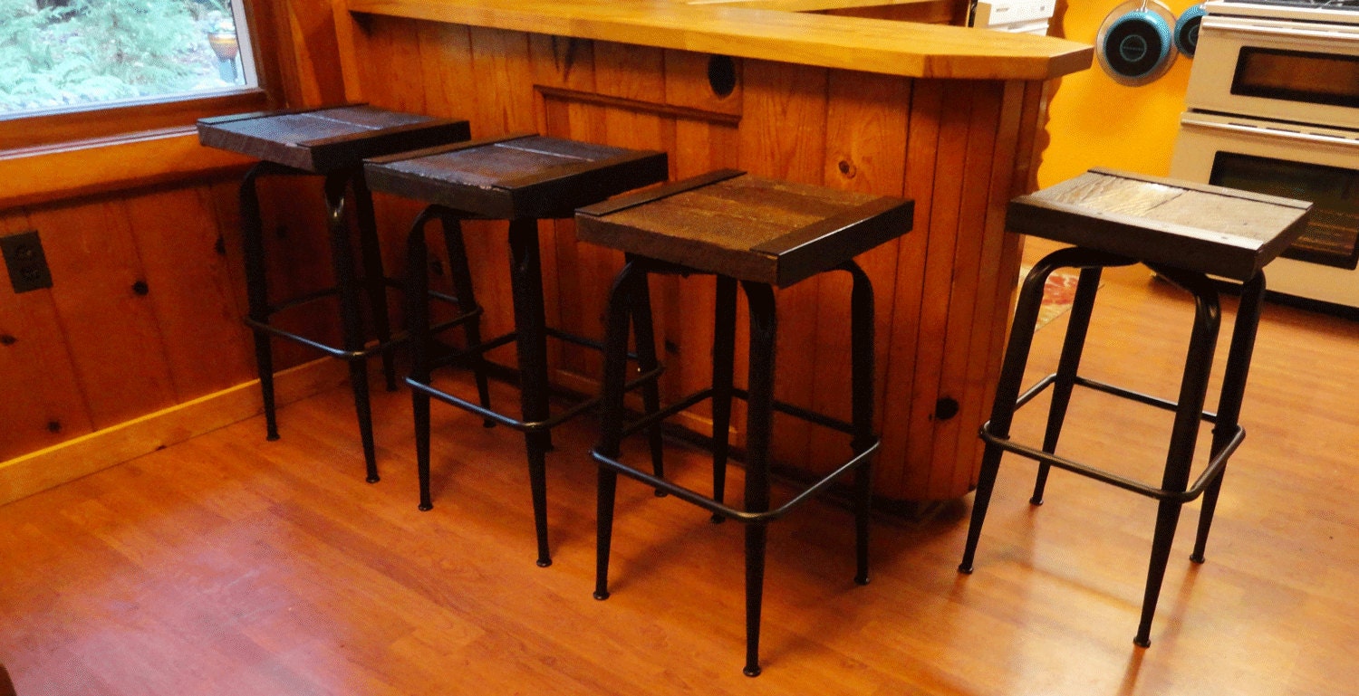3 industrial stools 28 inches tall made with old reclaimed barn wood