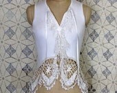 Cotton Sweater Sleevless Vintage Lace Doily Boho Gypsy Shabby Chic Romantic Upcycled