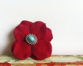 Red Silk Flowers with Tourquoise Stone Center