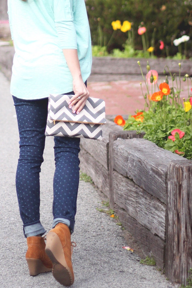 Chevron Clutch, Oversized Women's Fold-Over Clutch, Oversized Wallet, Women's Bag, Gray and Bone with Mustard Yellow Zipper