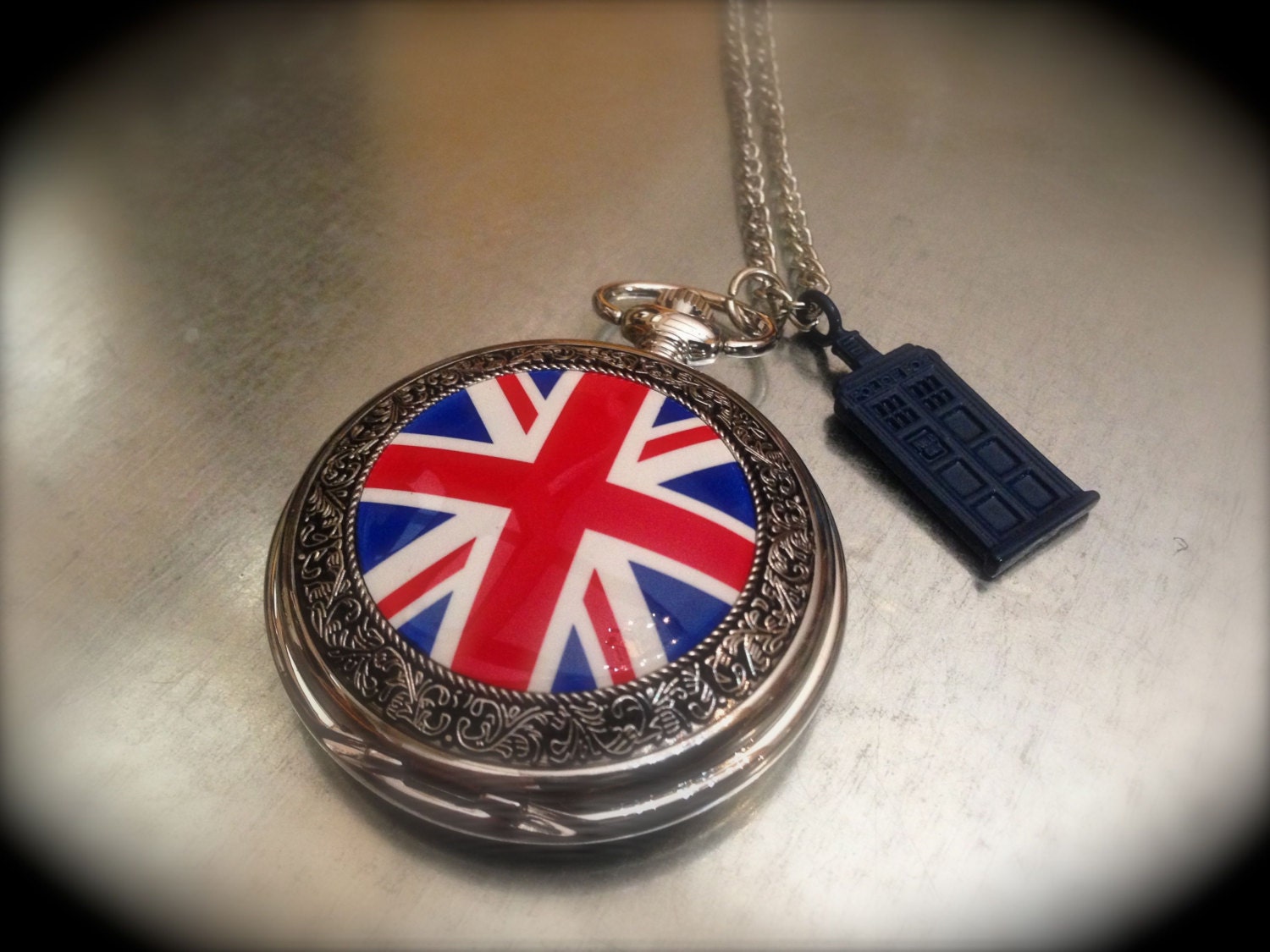 Inspired Blue UK Police Phone Booth and UK Pocket Watch Necklace