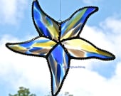 Stained Glass STARFISH Suncatcher - "Spirit Atlantis"  with Cobalt Blue & Yellow- USA Handmade