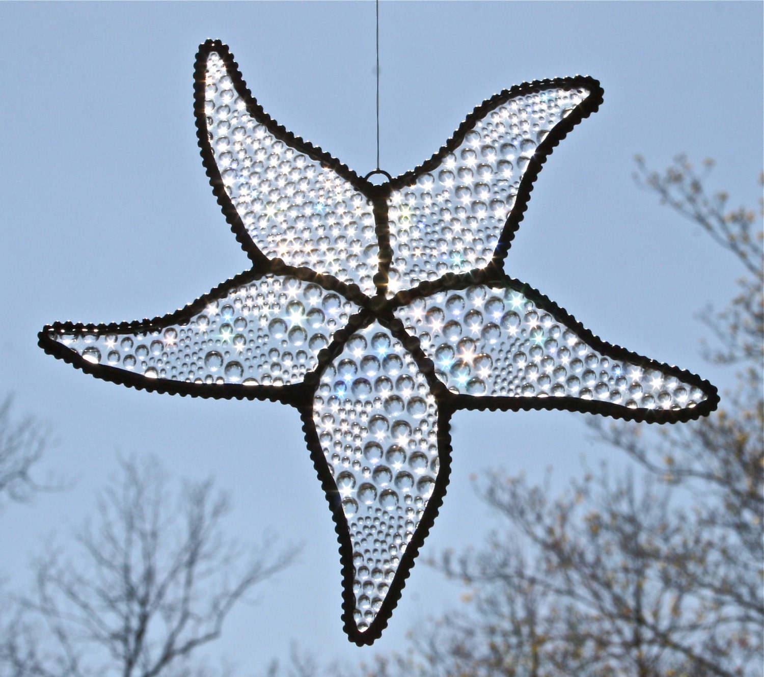 Stained Glass STARFISH Suncatcher - Clear "Bubbles", Highly Textured - USA Handmade Original