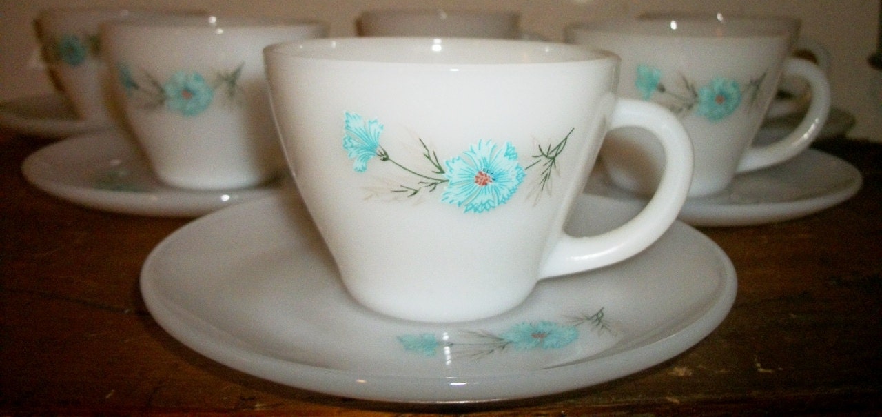 6 Fire King Bonnie Blue Cup and Saucer Sets