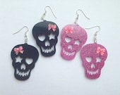 Kawaii Laser Cut Glitter Pink and Black Skull Bow Earrings