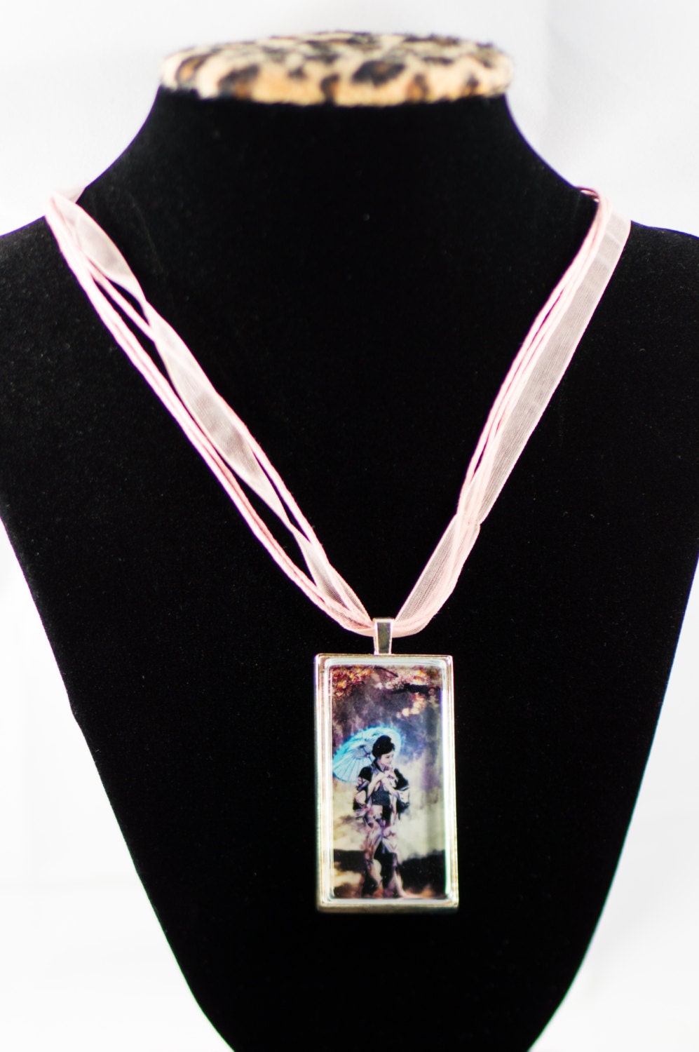 Sakura Pendant Necklace (1" X 2" Silver Pendant with Glass Cabochon)