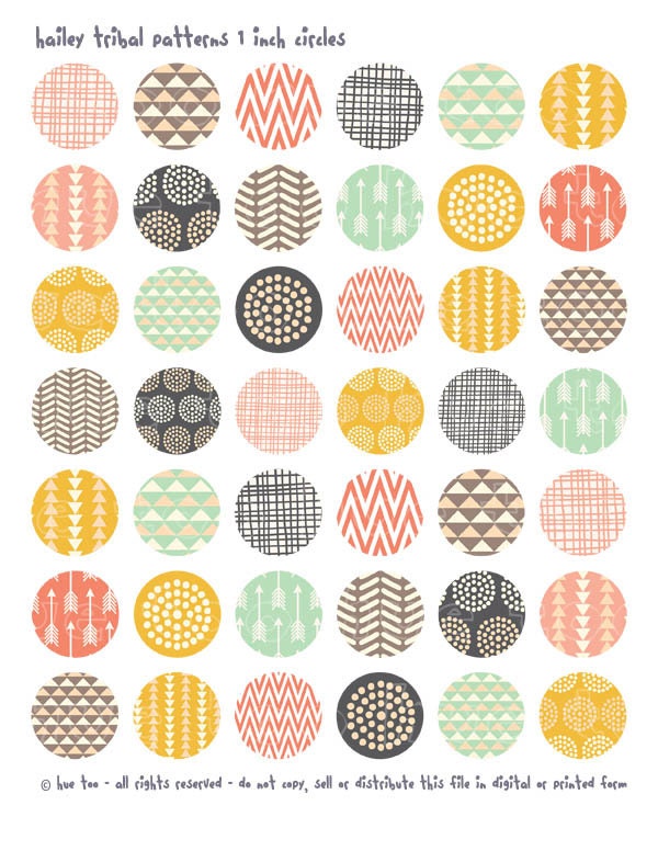 tribal patterns 1 inch circles and squares, collage sheets, pink mustard yellow aqua purple bottlecap images, triangles arrows 620