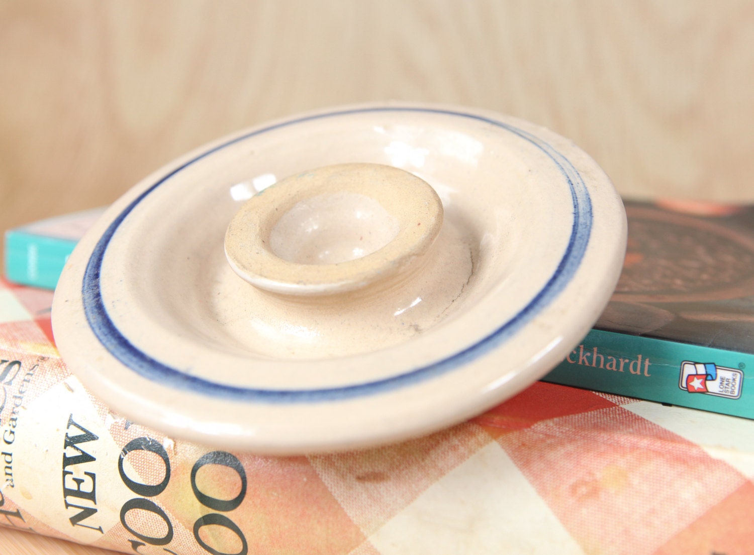 Vintage Salt Glazed Stoneware crock replacement lid w/ blue band