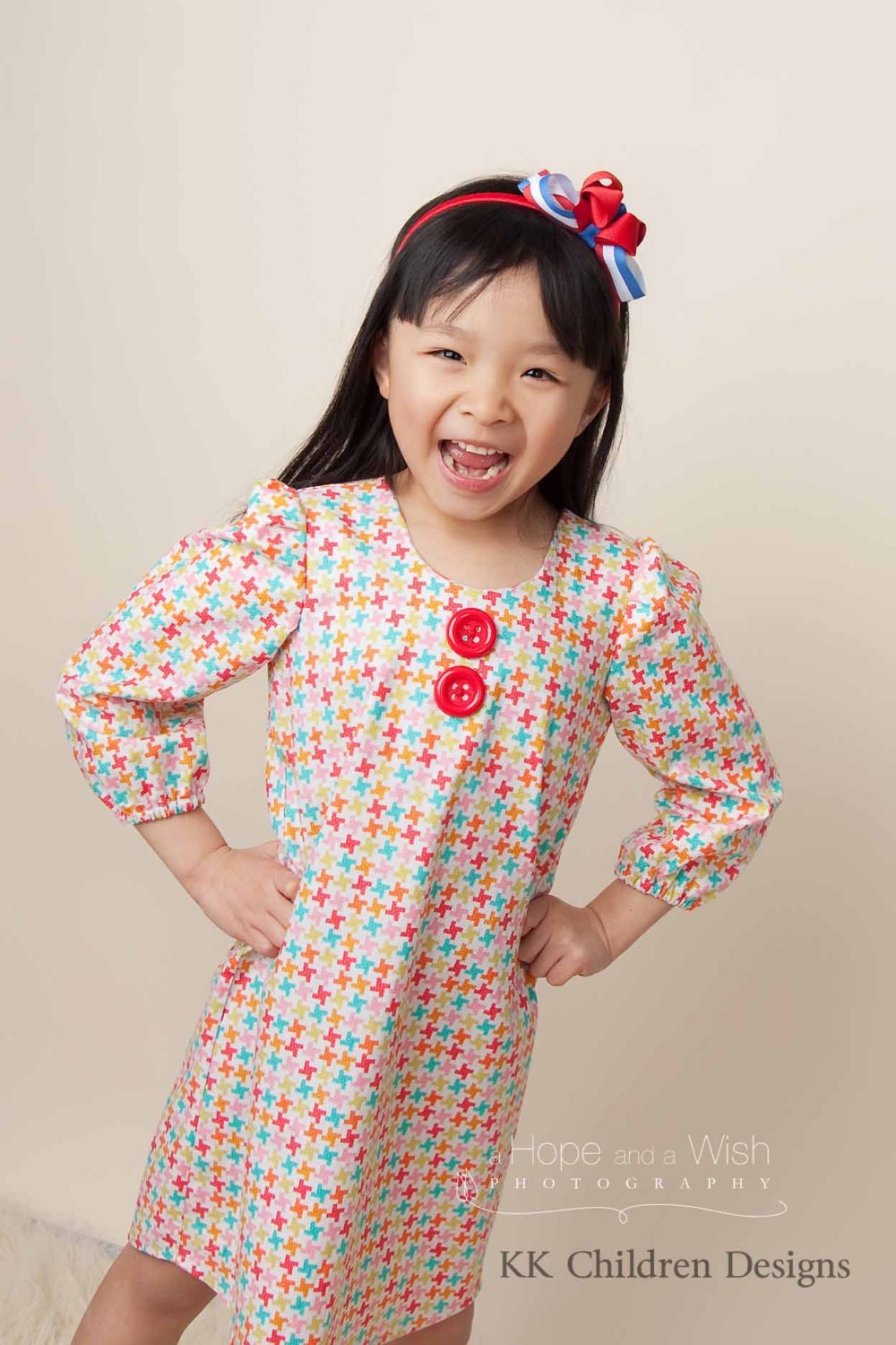 Vintage Hoandstooth - Girls Spring Dress - 3/4 Length Puff Sleeves - 60's Style - Shabby Chic Style - Longsleeves Dress - 3T to  size 8