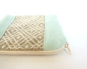 Hand embroidery coin purse, small pouch, light mint green and white
