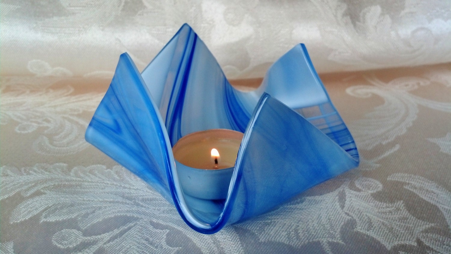 Blue and White Fused Glass Candle Holder Fused Glass Votive Home Decor Housewares Handmade Votive Holder