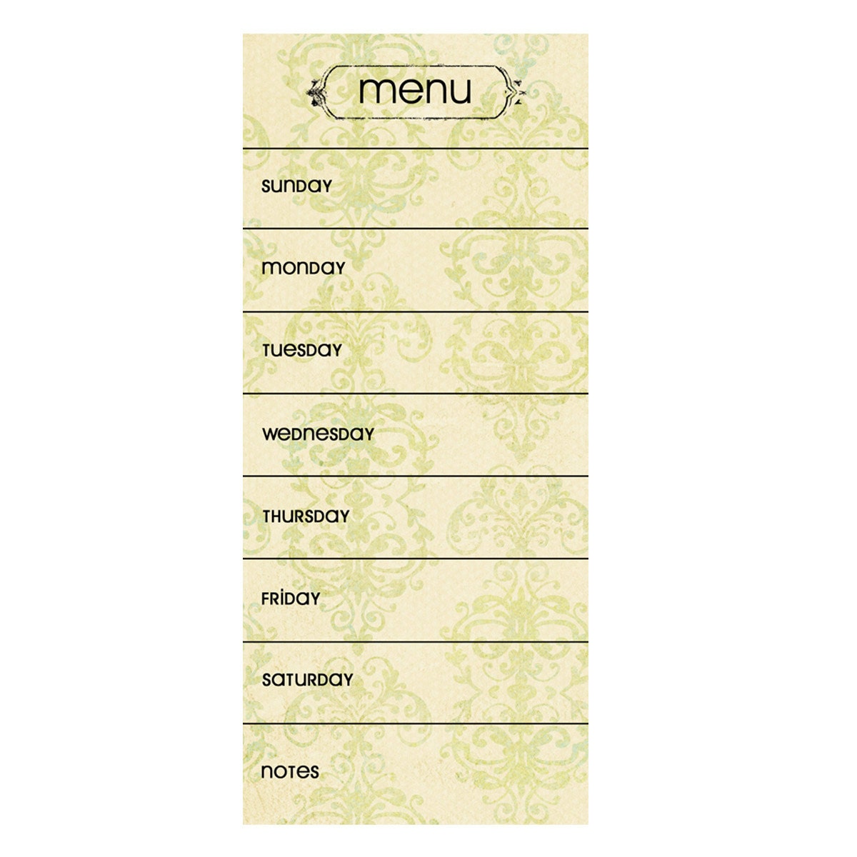 SKINNY Magnetic Dry/Wet Erase Menu. Cream & Green Vintage Color