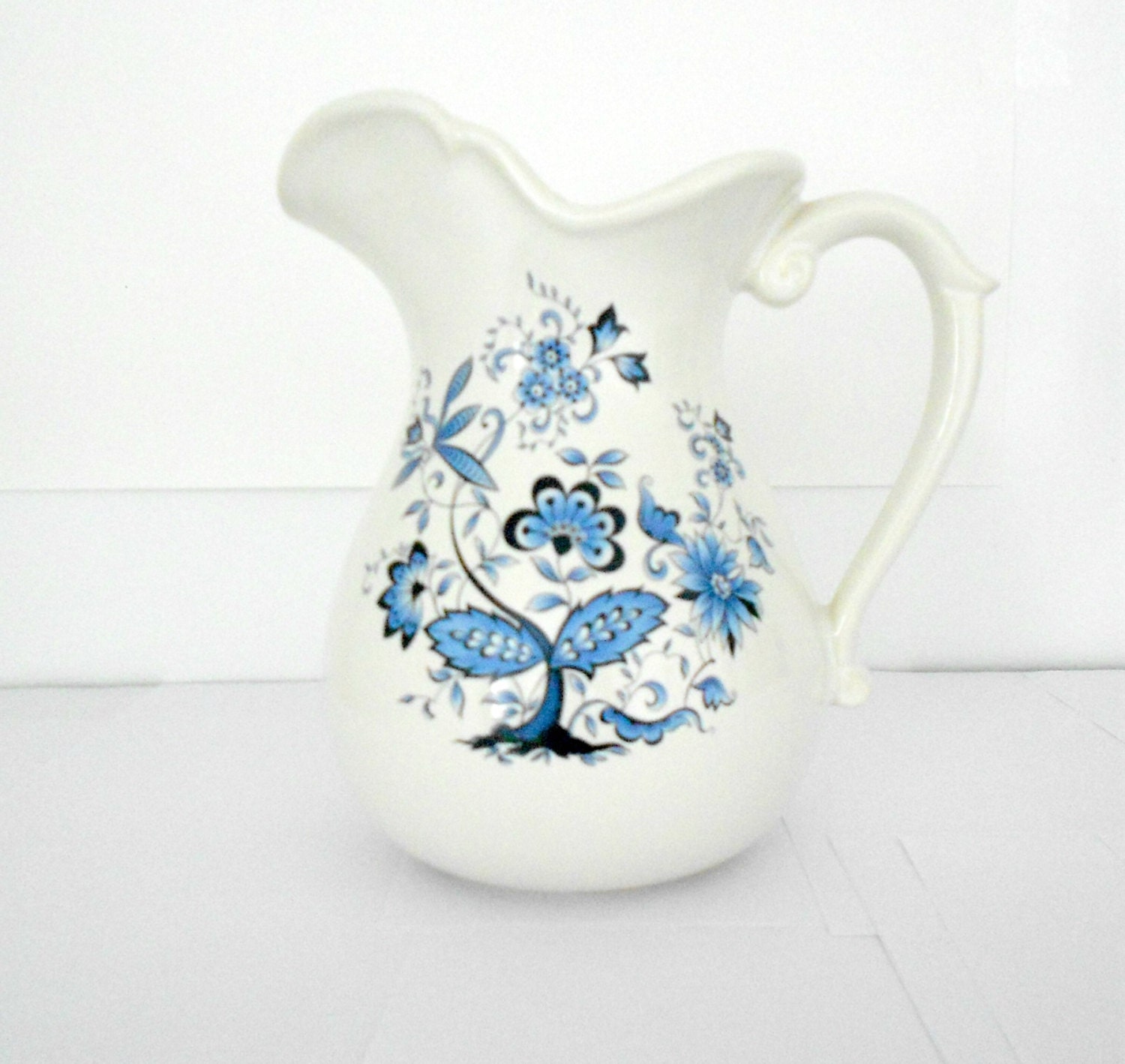 Blue Floral Pitcher Holiday Designs 1970s servingware