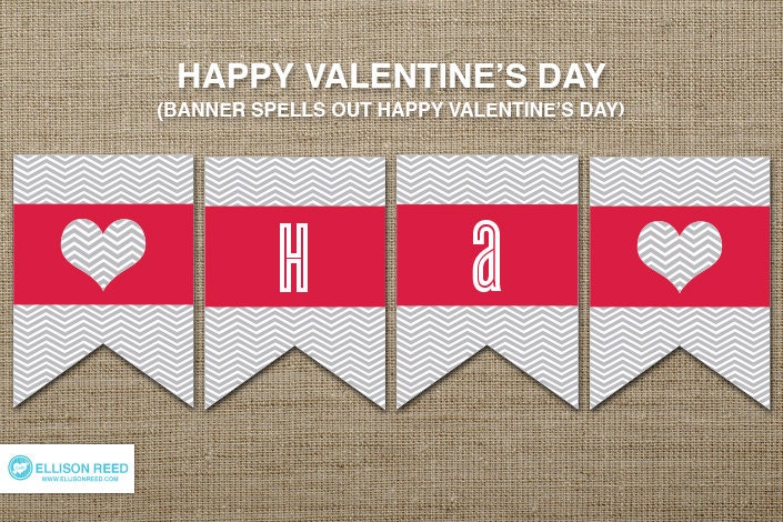 Valentines Party Printable - Valentine Banner - Valentines Day - Heart - Cheveron - Heart Printable - Red - Gray - Love - Printable Party Il_170x135
