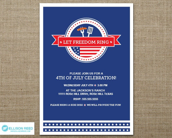 4th of July Invitation - 4th of july printable - BBQ invitation - Independence Day - Patriotic - Red - White - Blue - Stars - DIY Printable Il_570xn