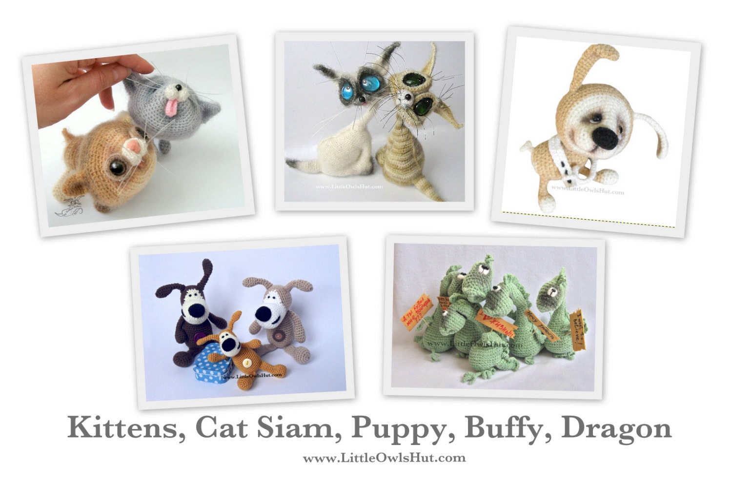 5 Amigurumi Crochet Patterns Pdf files. Kittens, cat Siam, Dragon, dog Puppy, dog Buffy (Instant download)