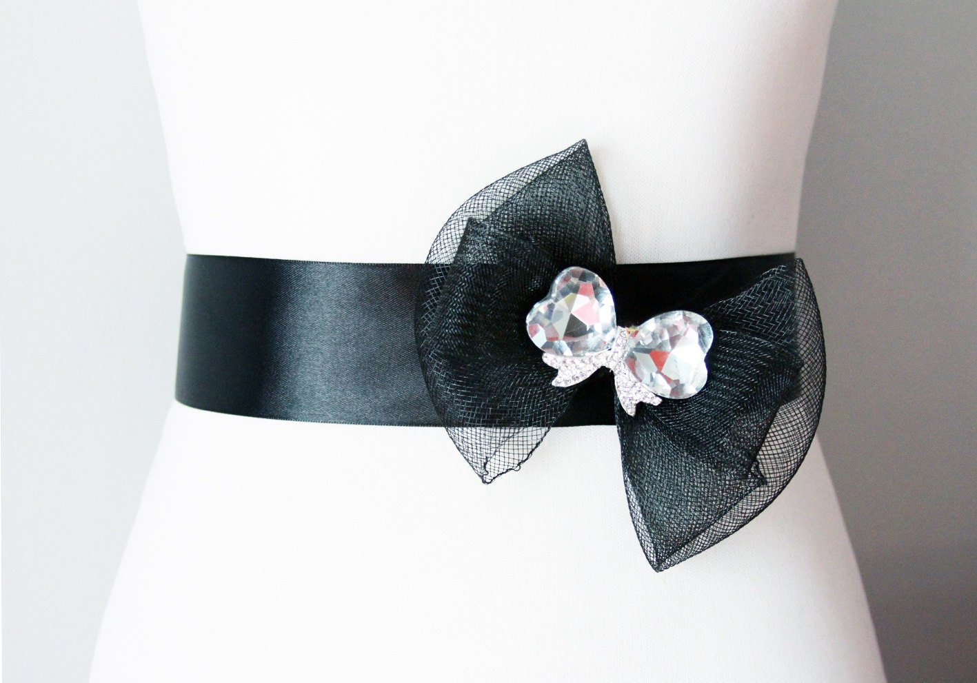 Black Bridal Wedding Belt - Rhinestones Crystals Huge Bow Sash - Bridesmaid Flower Girl Dress Sashes - Posh Double Sided Ribbon
