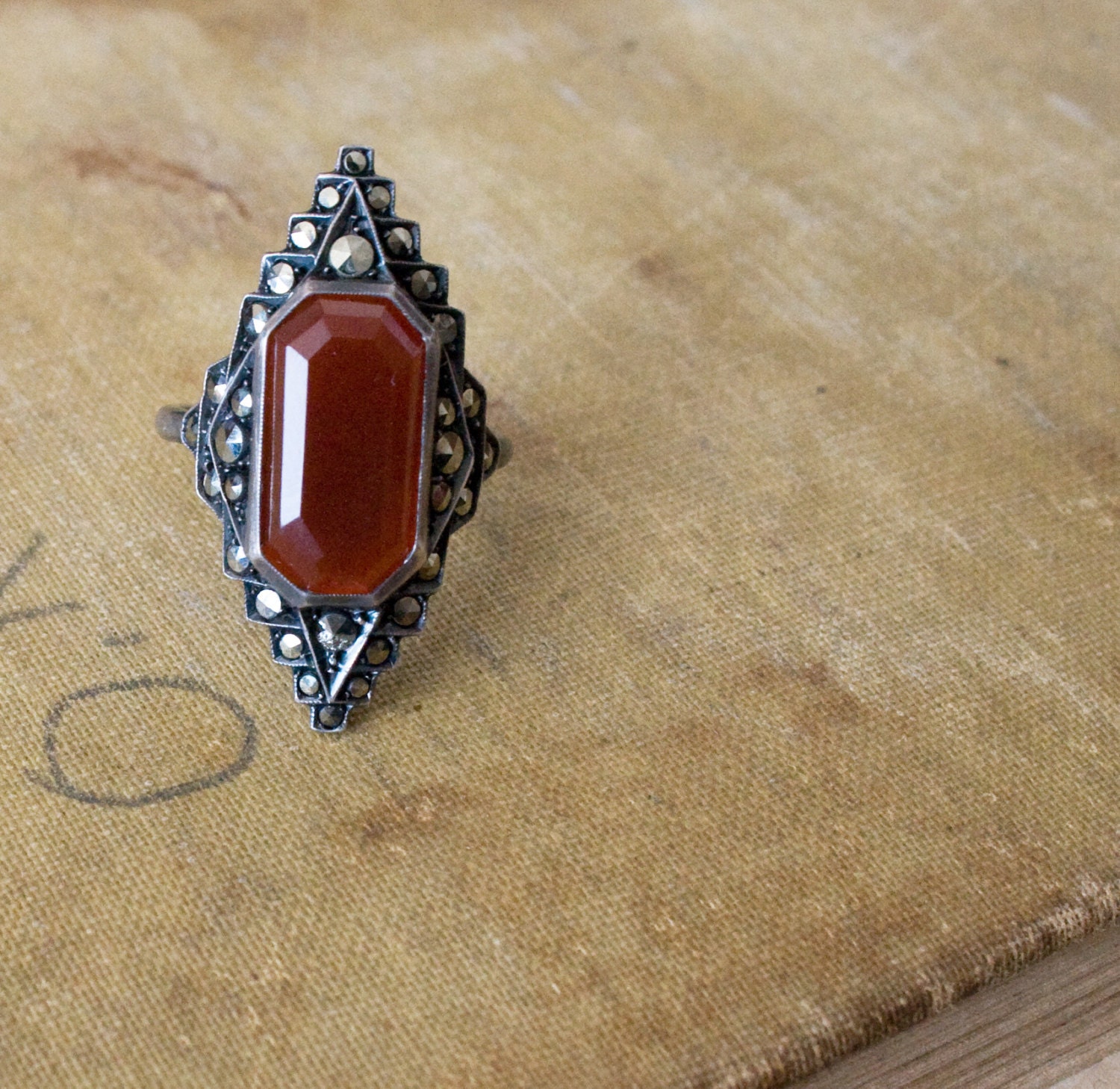 Vintage ART DECO ring - Flapper Cocktail Ring - 1920s Jewelry - Orange Carnelian and Marcasite Ring - Sterling Silver