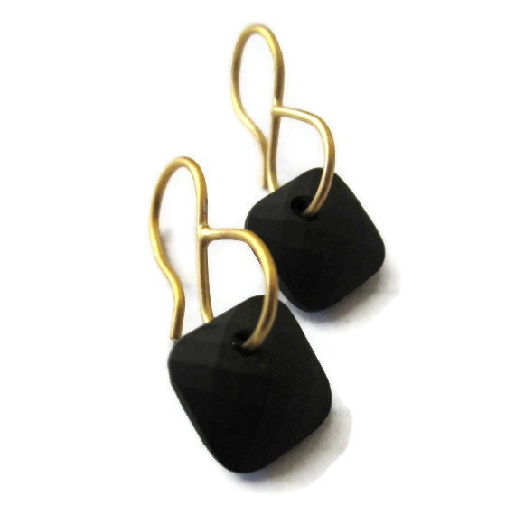 18K Black Spinel Earrings,  Square Earrings, Black Gemstone Drop Earrings
